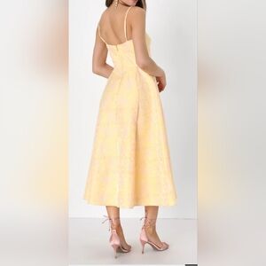 Yellow Jacquard Bustier Midi Dress With Pockets